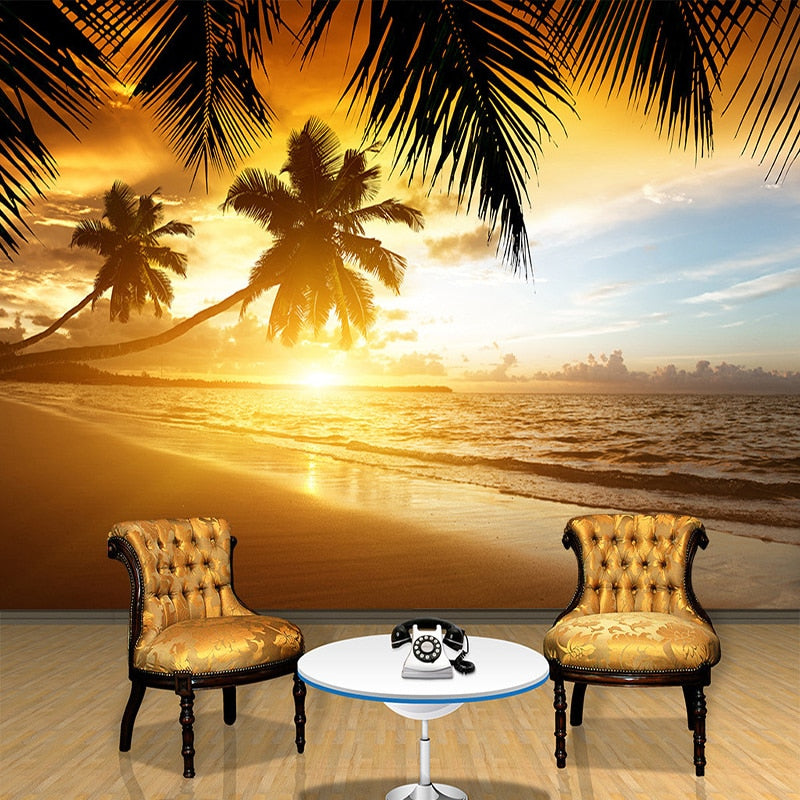 3D Wallpaper Sunset Glow Coconut Sea SKU# WAL0276